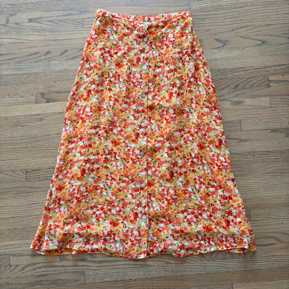 Coldwater Creek Womens PS Petite Sm Orange Floral Rayon Button Front Midi Skirt